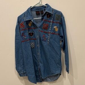 Embroidered Denim Shirt with Patchwork